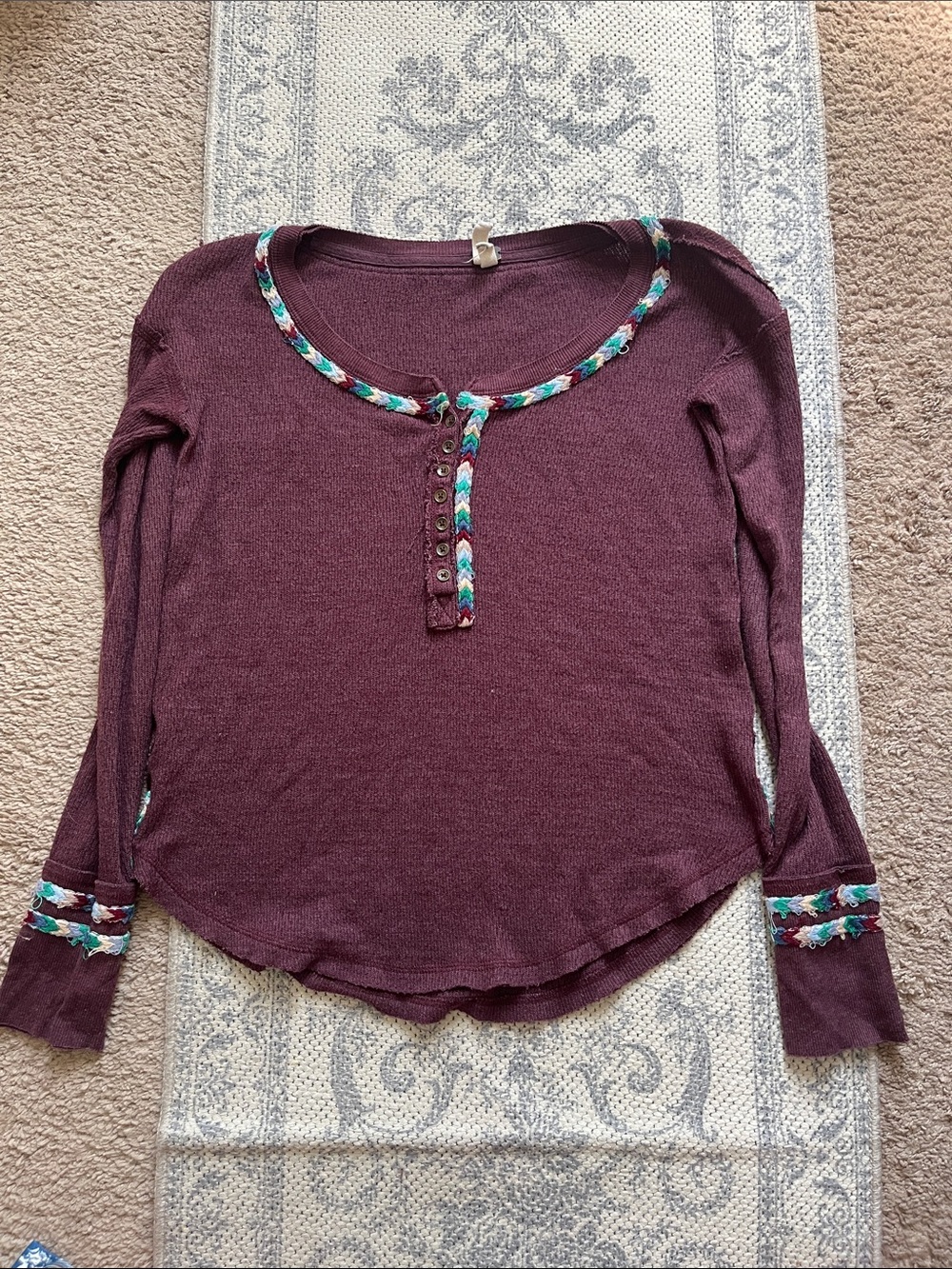 We The Free Long-Sleeve Henley Top in Plum with Multicolor Braided Trim